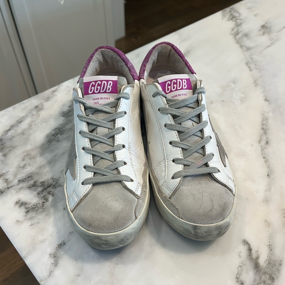 Golden Goose White Sneakers with Pink Heel Tab and Gray Star - Picture 3 of 6